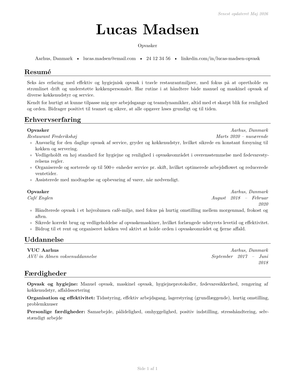 Dishwashers CV in Danish — page 1