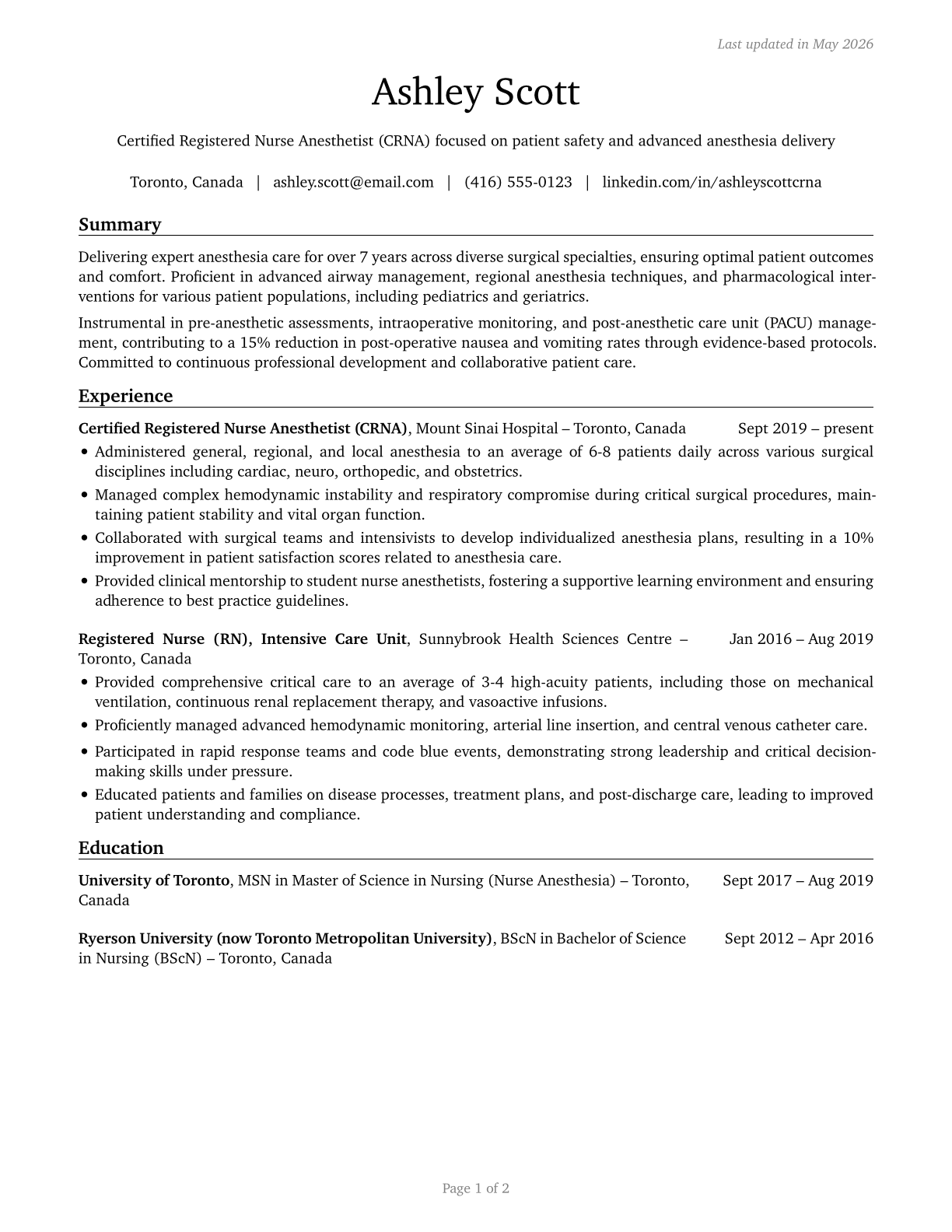 Nurse Anesthetists CV in English — page 1