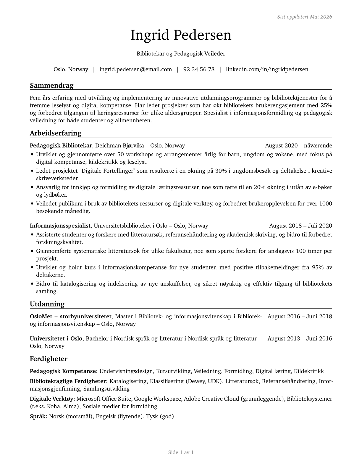 Educational Instruction and Library Workers, All Other CV in Norwegian_bokmal — page 1