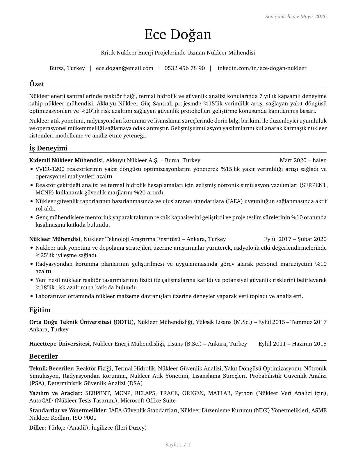 Nuclear Engineers CV in Turkish — page 1