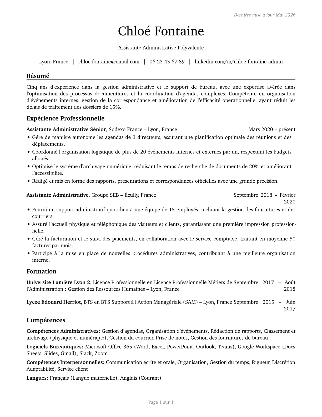 Office and Administrative Support Workers, All Other CV in French — page 1