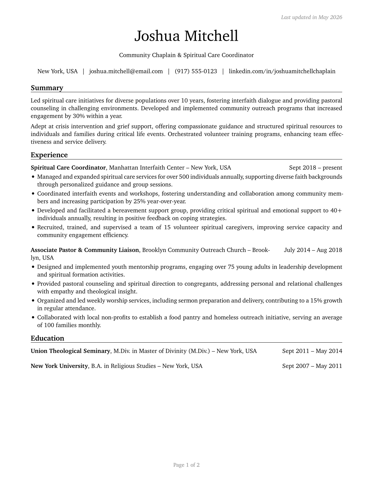 Religious Workers, All Other CV in English — page 1