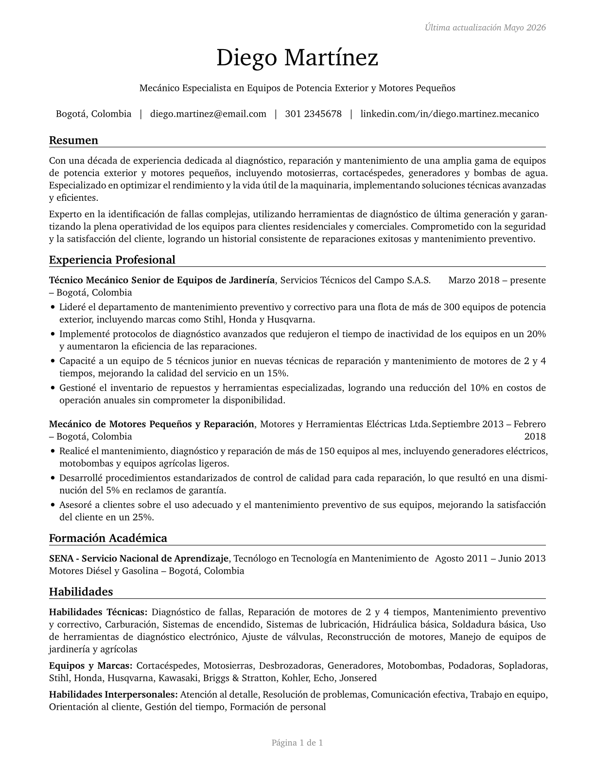 Outdoor Power Equipment and Other Small Engine Mechanics CV in Spanish — page 1