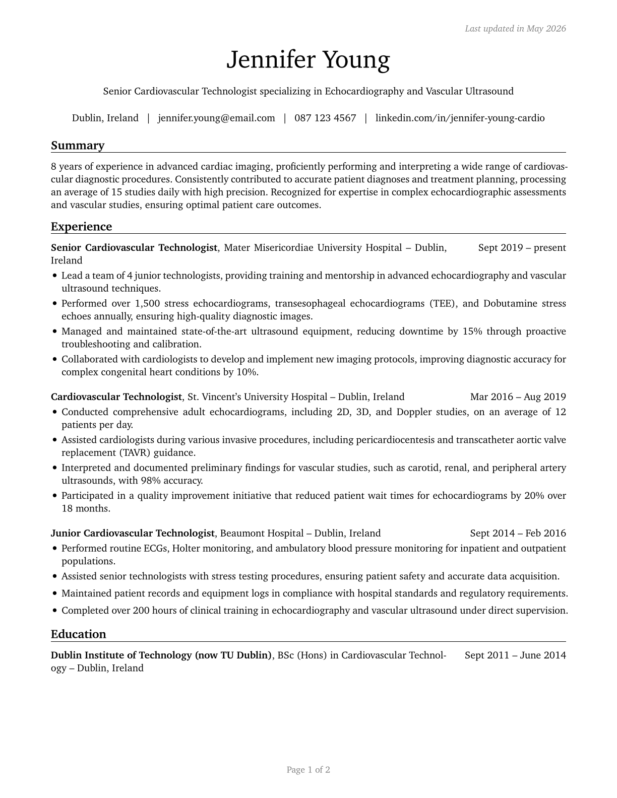 Cardiovascular Technologists and Technicians CV in English — page 1