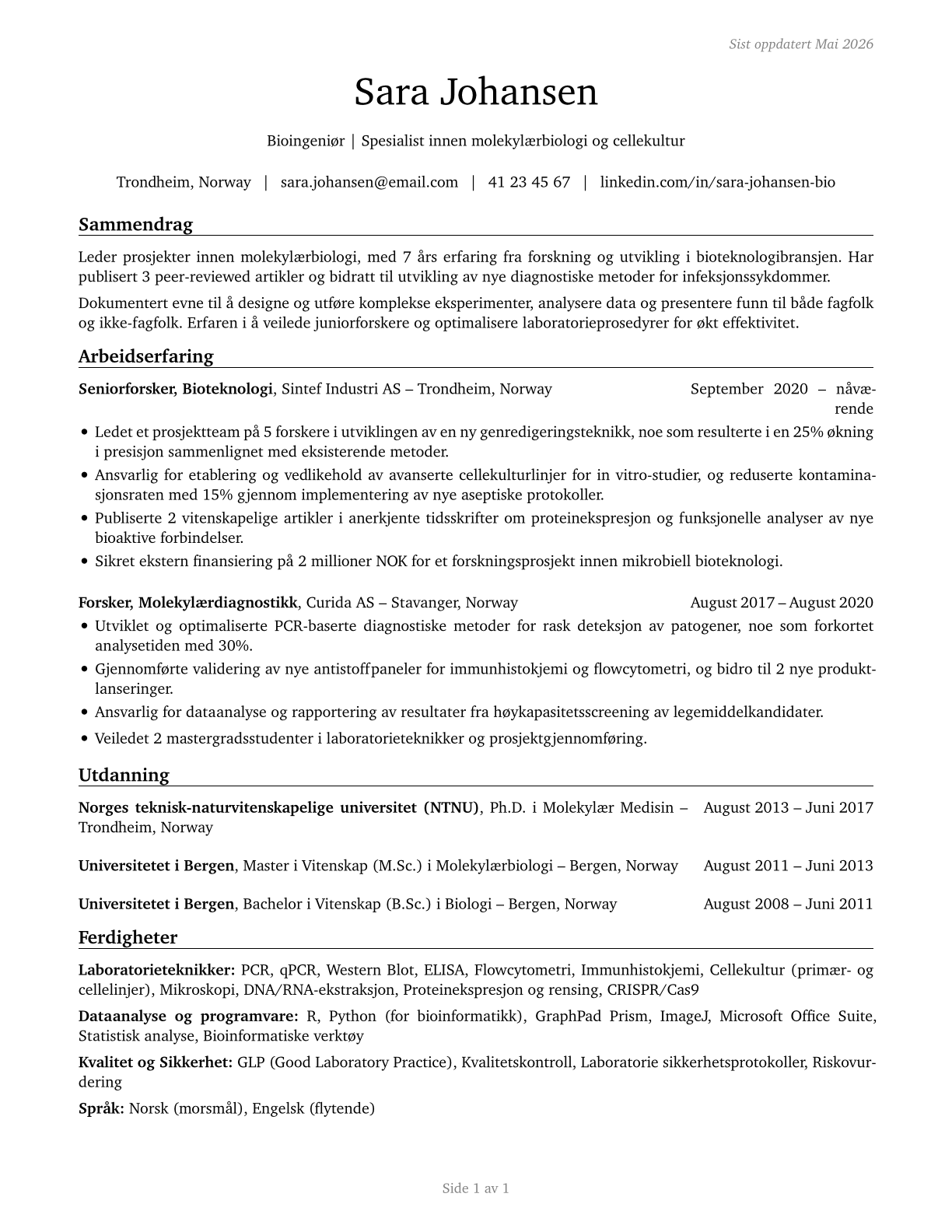 Life Scientists, All Other CV in Norwegian_bokmal — page 1