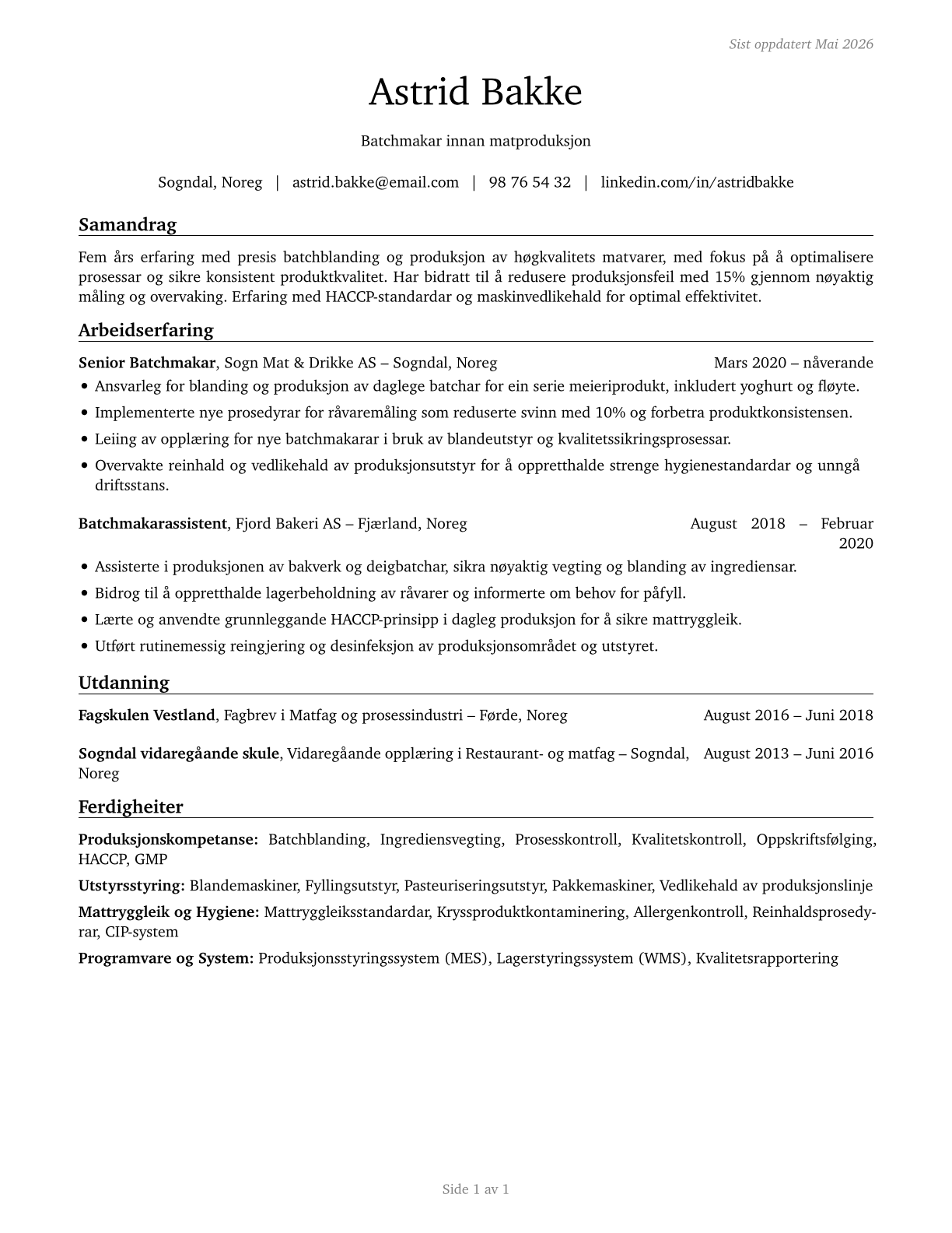 Food Batchmakers CV in Norwegian_nynorsk — page 1