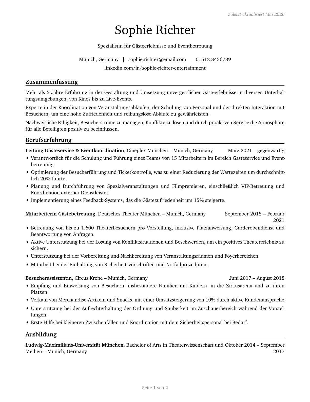 Entertainment Attendants and Related Workers, All Other CV in German — page 1
