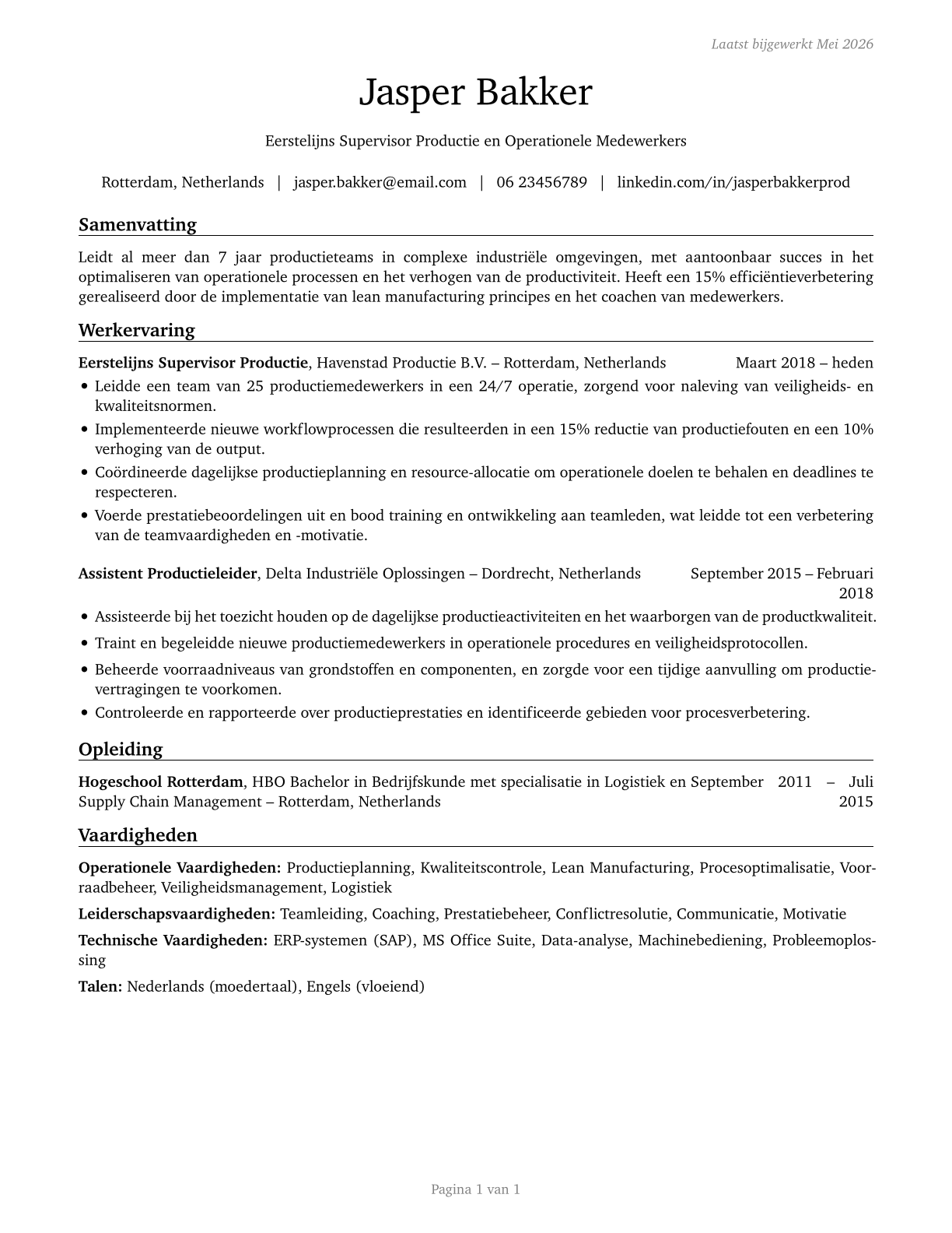 First-Line Supervisors of Production and Operating Workers CV in Dutch — page 1