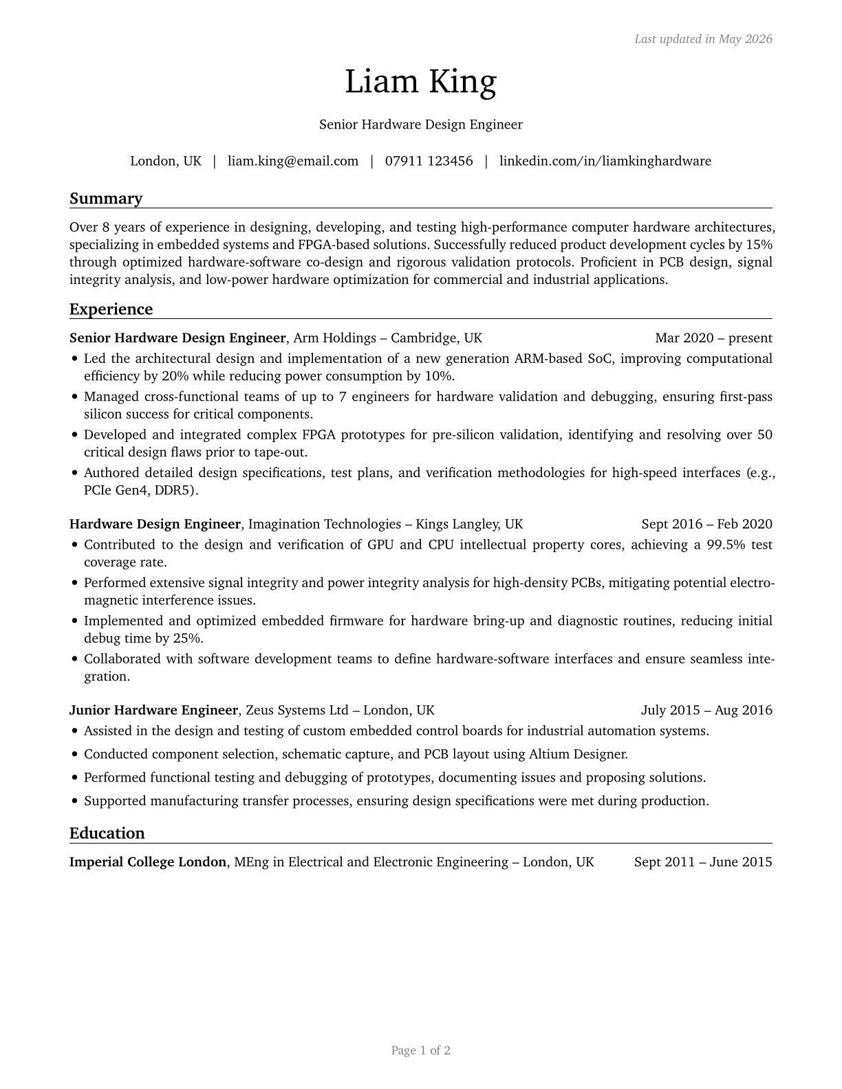 Computer Hardware Engineers CV in English — page 1