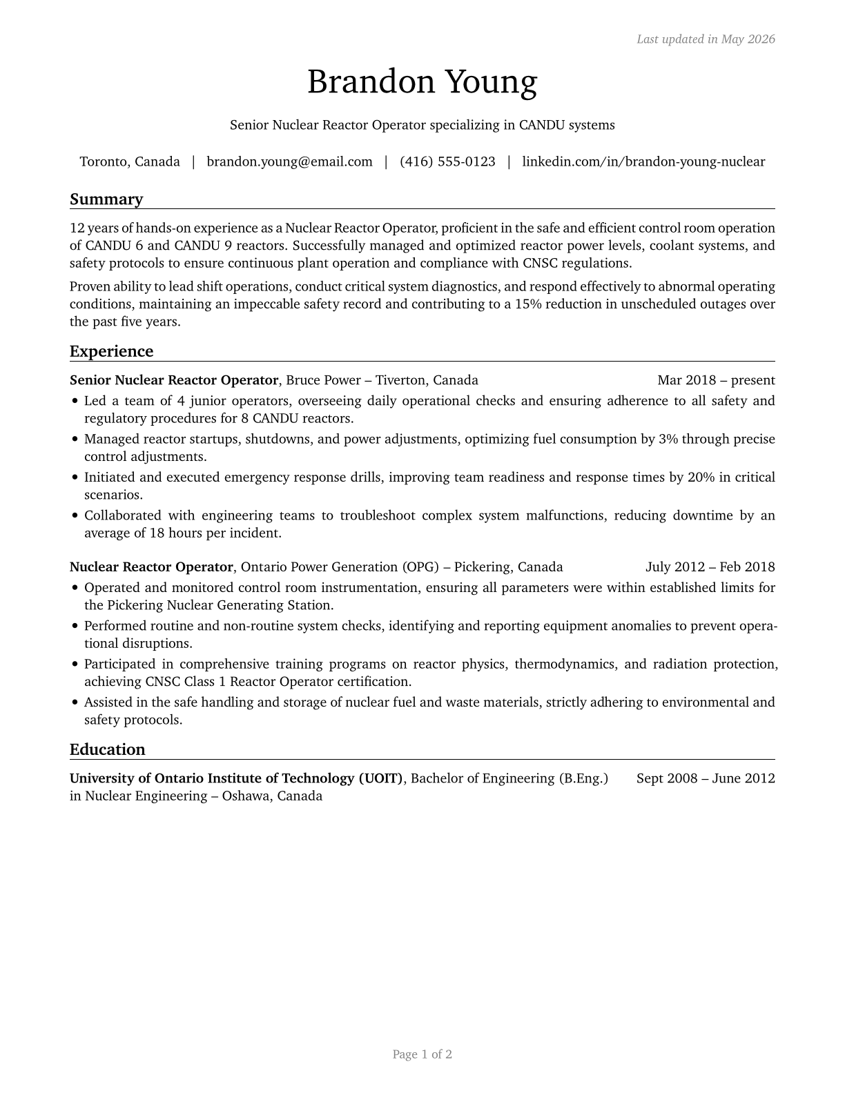 Nuclear Power Reactor Operators CV in English — page 1