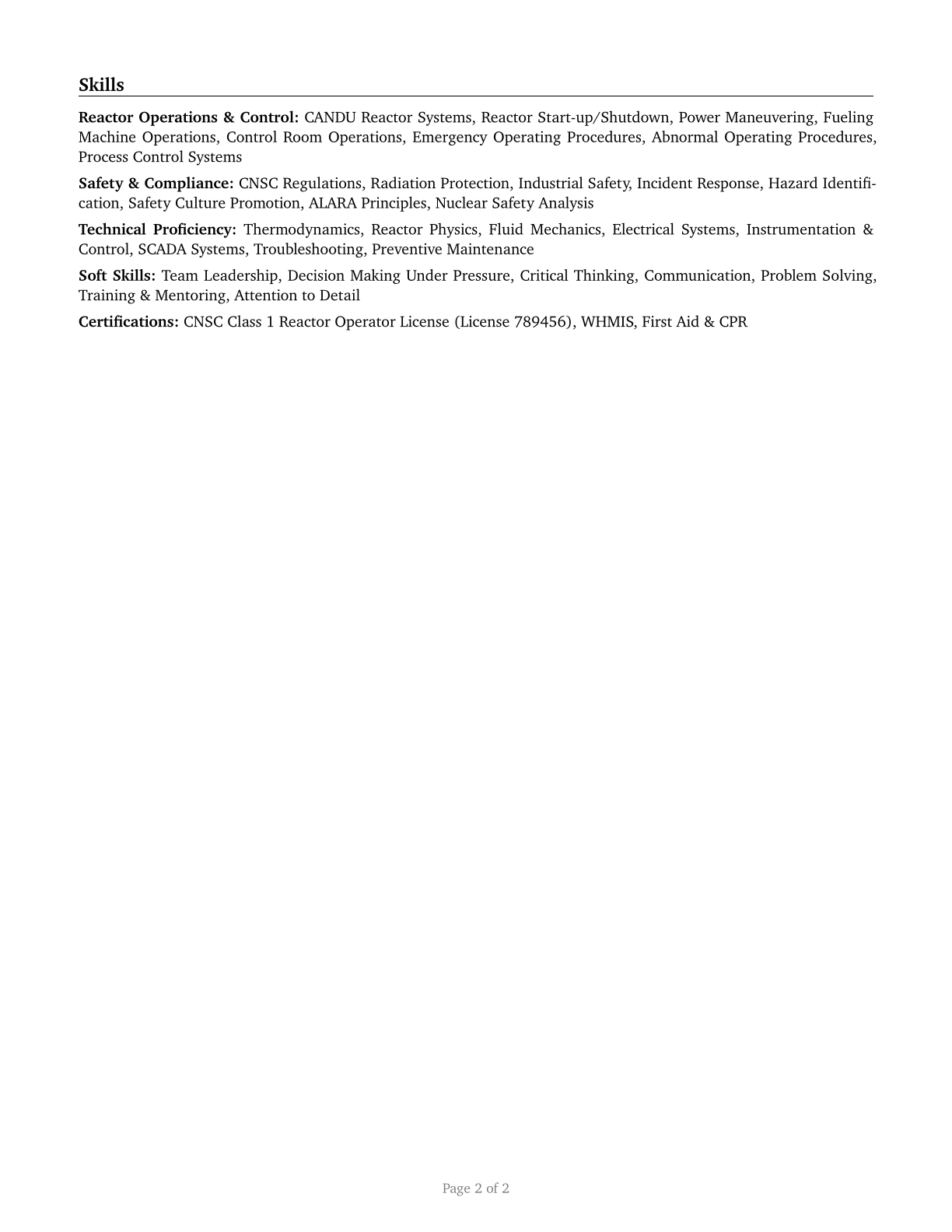 Nuclear Power Reactor Operators CV in English — page 2