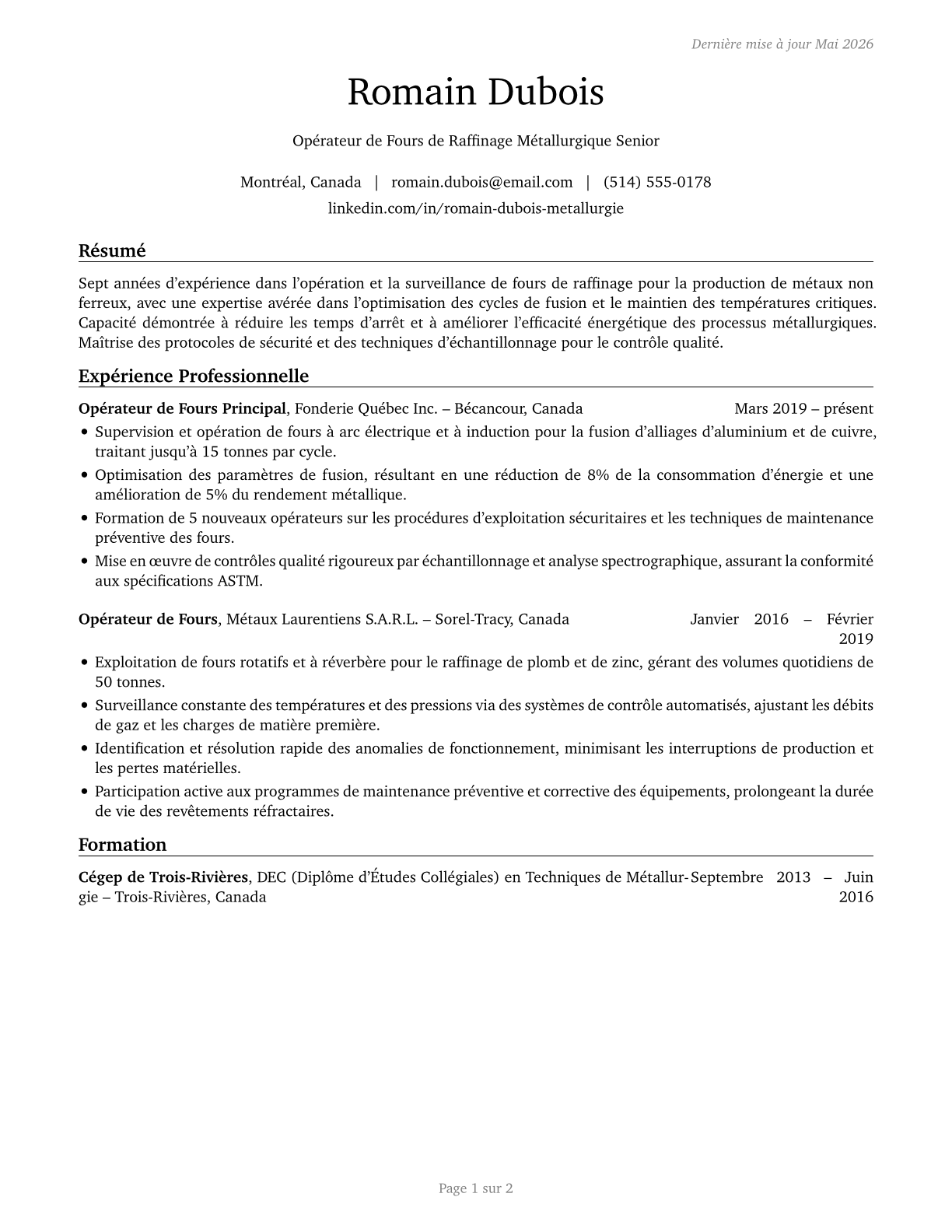 Metal-Refining Furnace Operators and Tenders CV in French — page 1