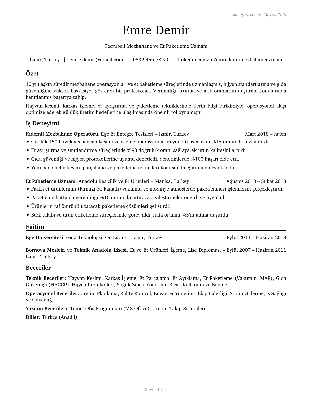 Slaughterers and Meat Packers CV in Turkish — page 1