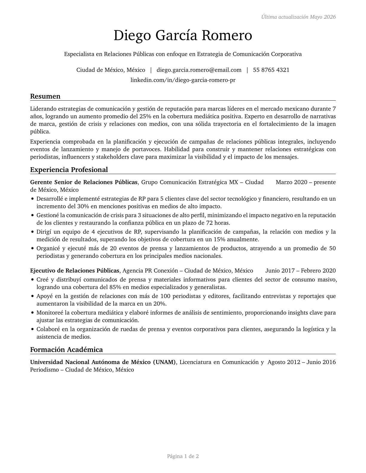 Public Relations Specialists CV in Spanish — page 1