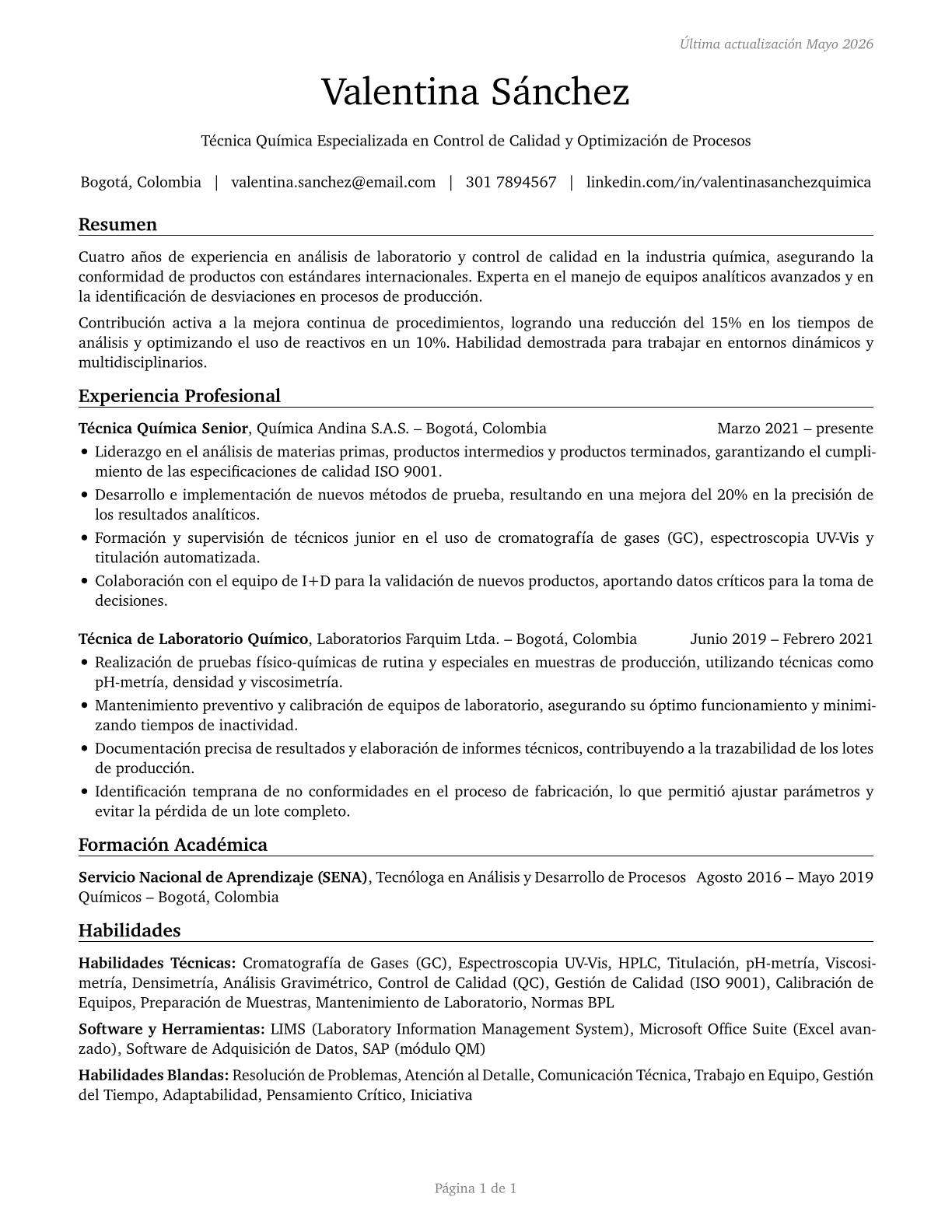Chemical Technicians CV in Spanish — page 1