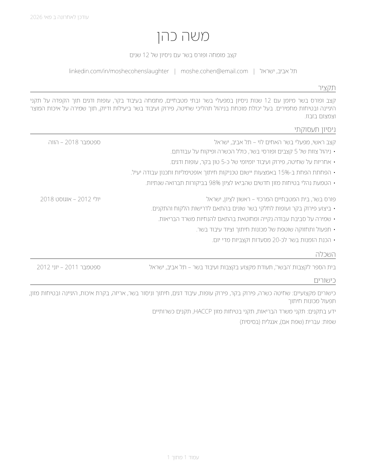 Slaughterers and Meat Packers CV in Hebrew — page 1