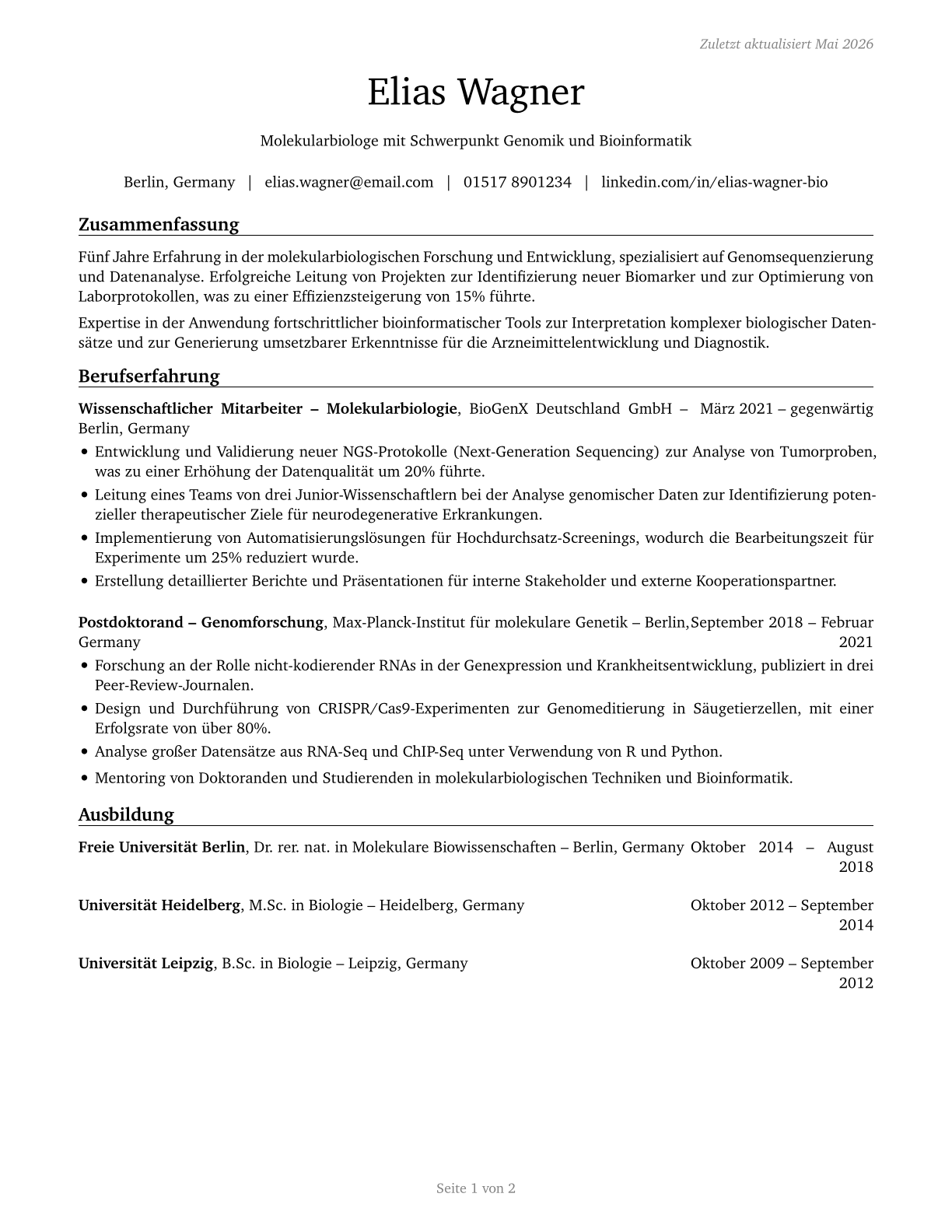 Biologists CV in German — page 1