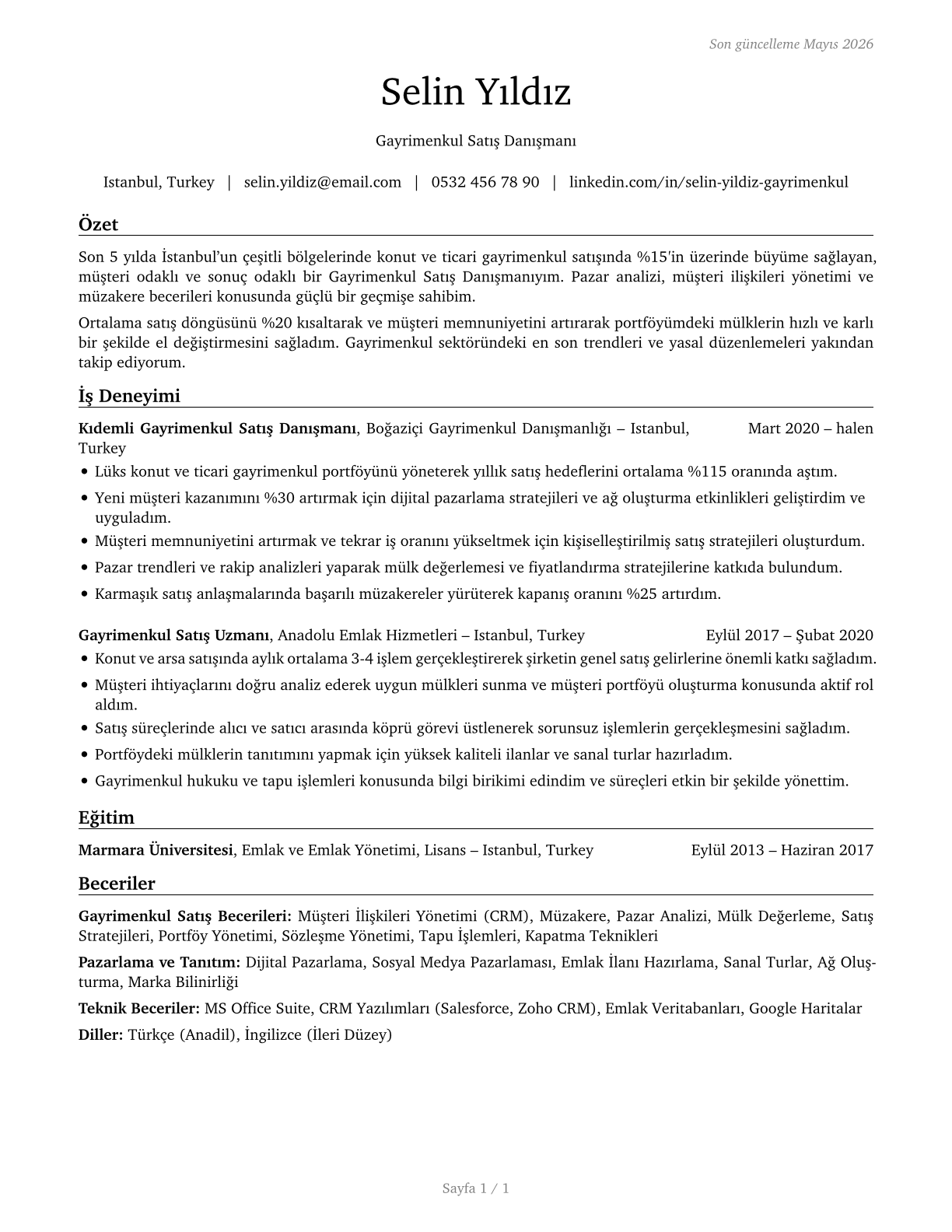 Real Estate Sales Agents CV in Turkish — page 1