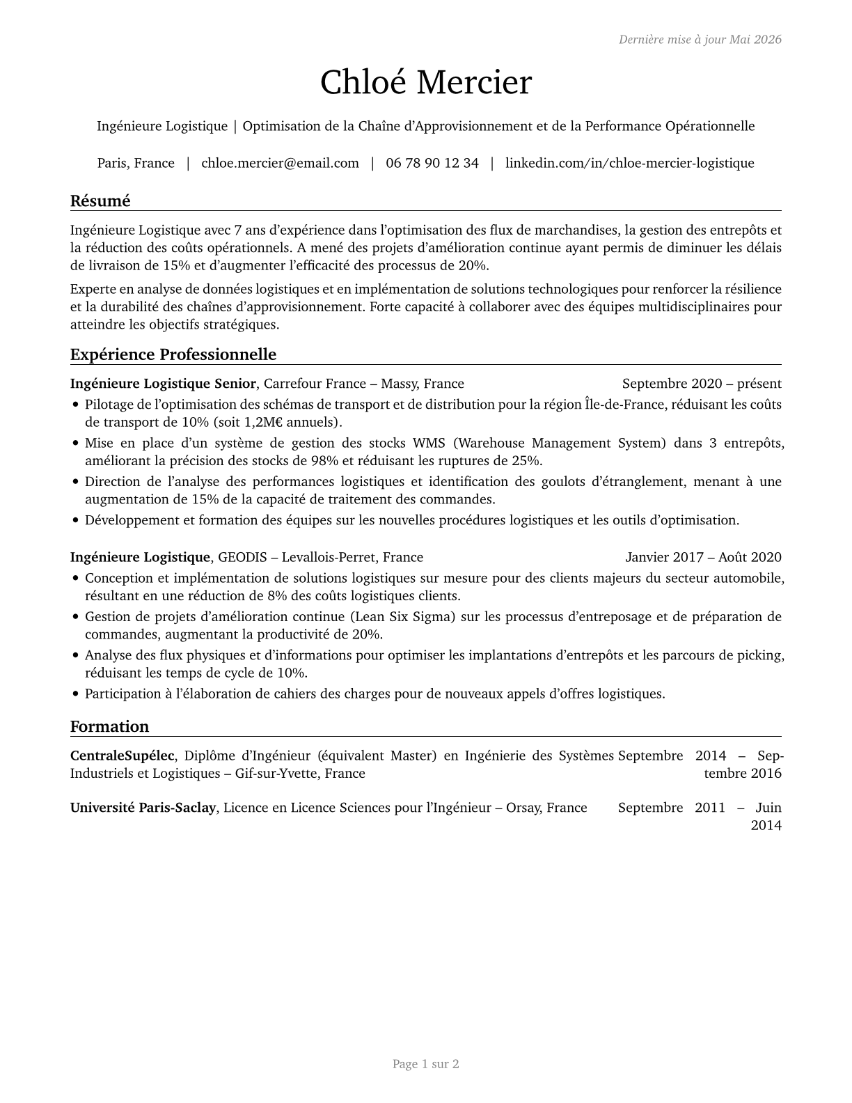 Logistics Engineers CV in French — page 1