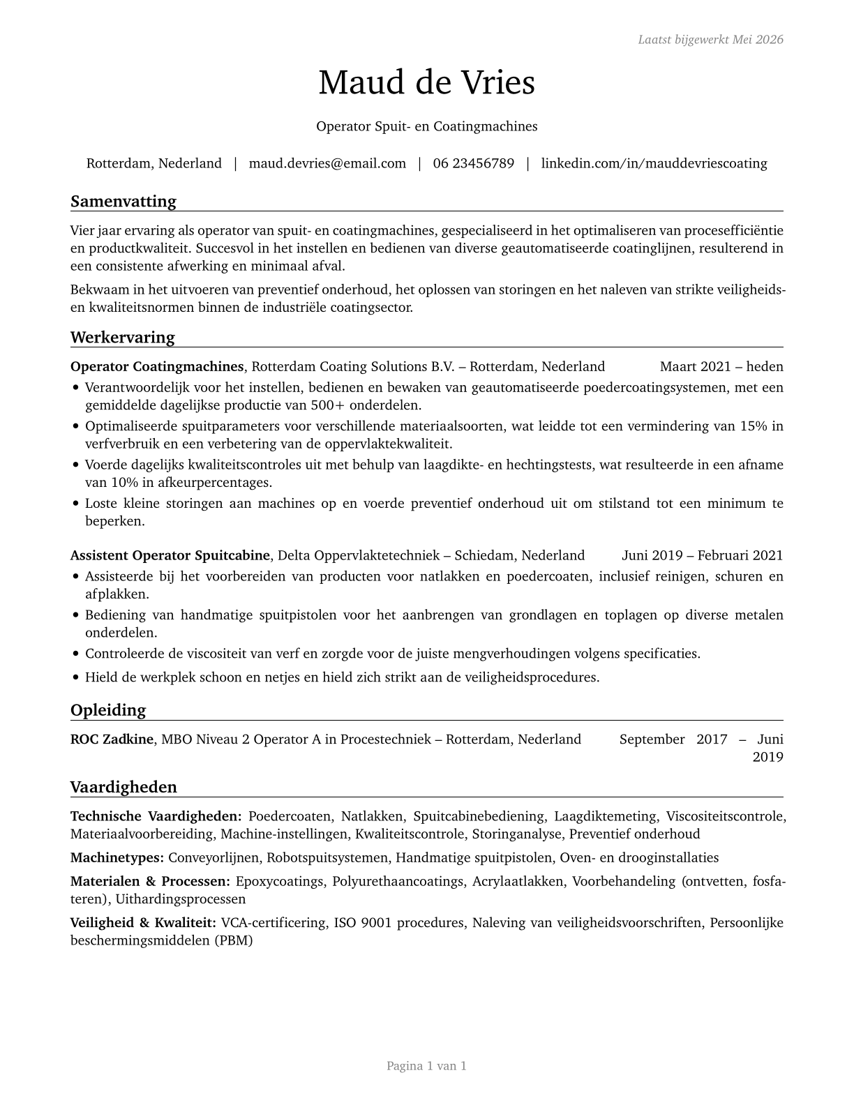Coating, Painting, and Spraying Machine Setters, Operators, and Tenders CV in Dutch — page 1