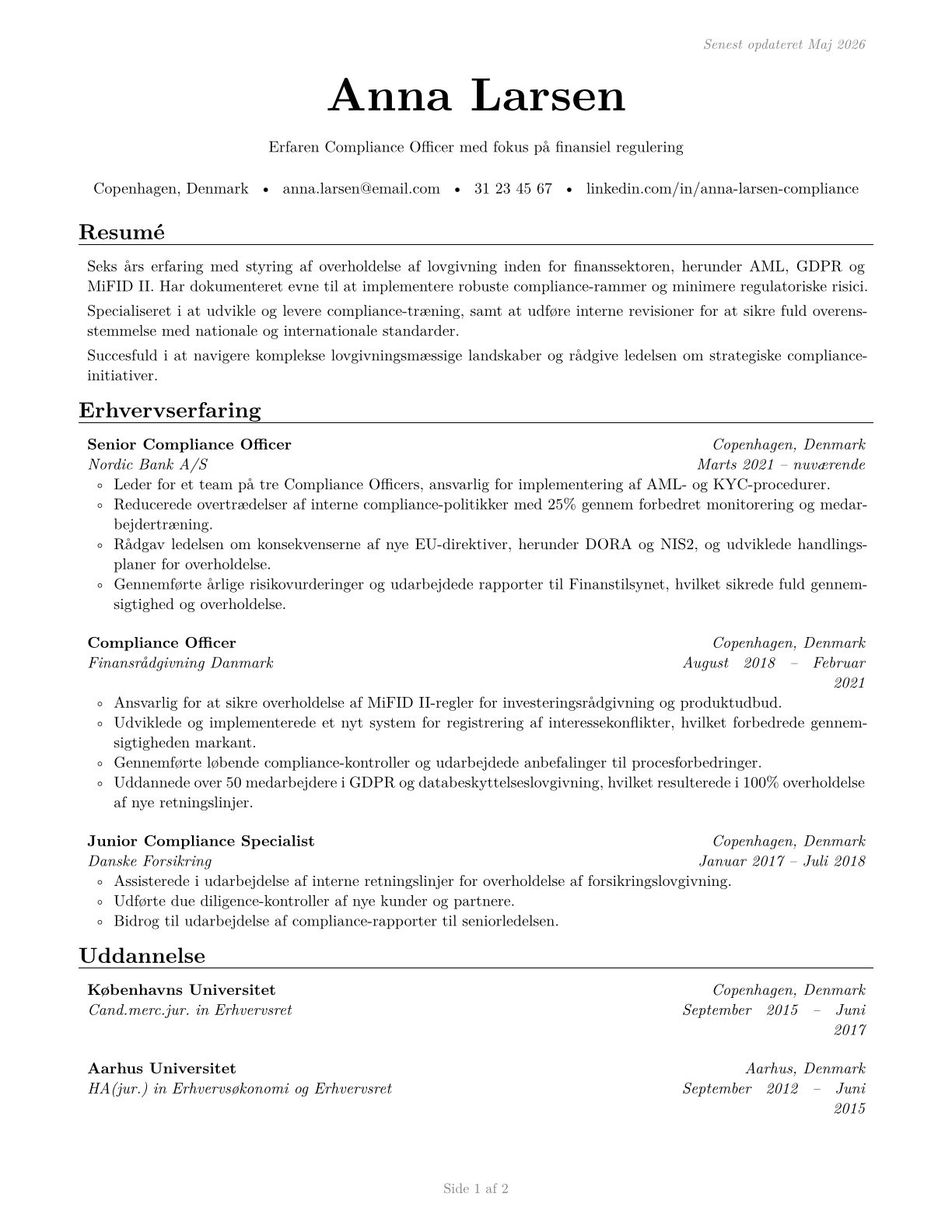 Compliance Officers CV in Danish — page 1