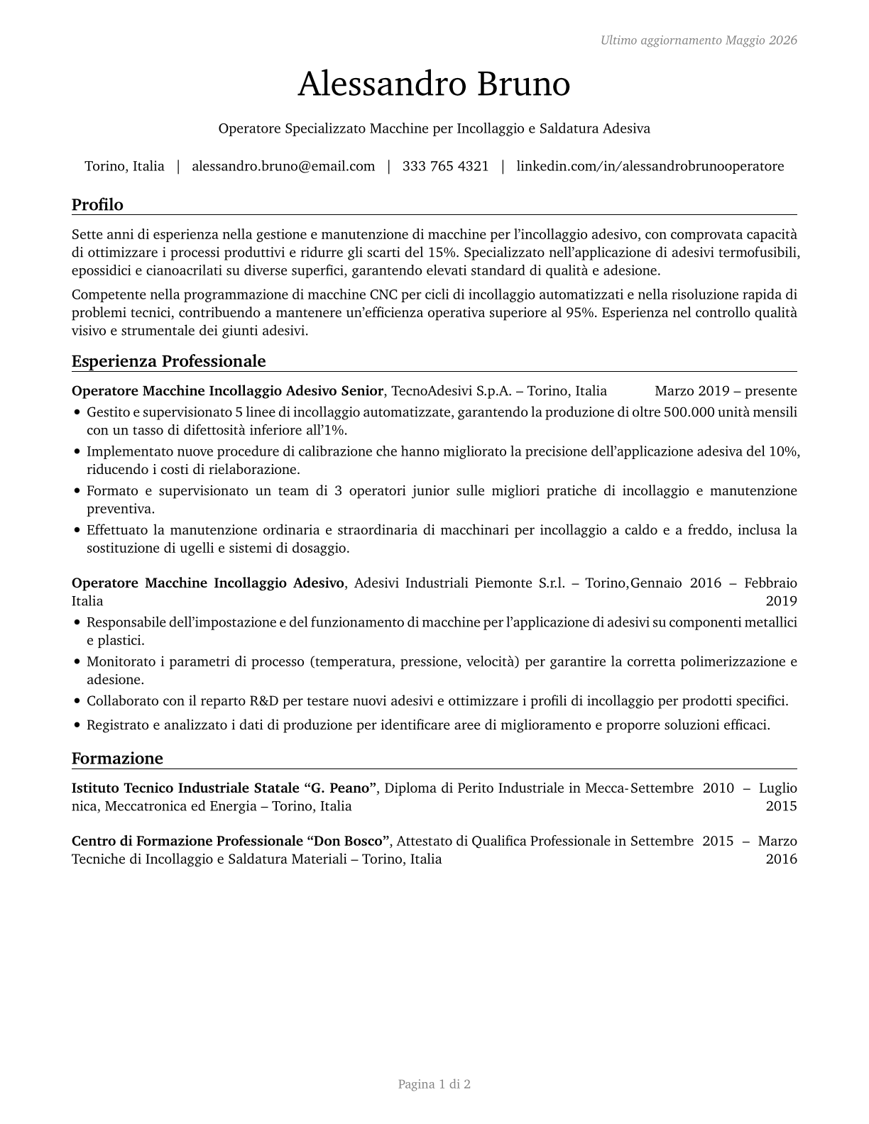 Adhesive Bonding Machine Operators and Tenders CV in Italian — page 1