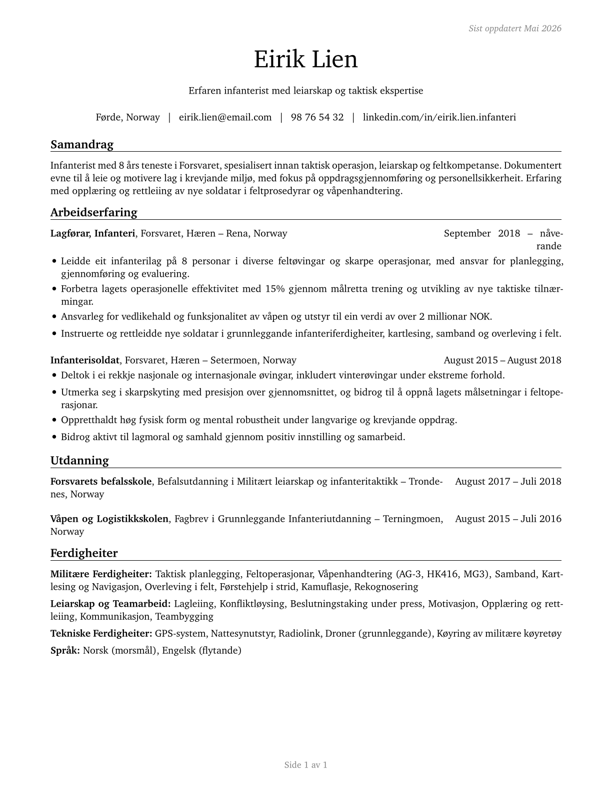 Infantry CV in Norwegian_nynorsk — page 1