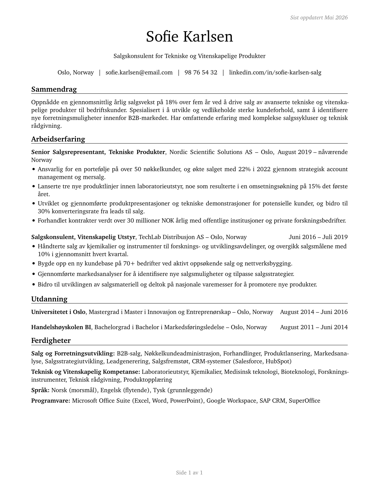 Sales Representatives, Wholesale and Manufacturing, Technical and Scientific Products CV in Norwegian_bokmal — page 1