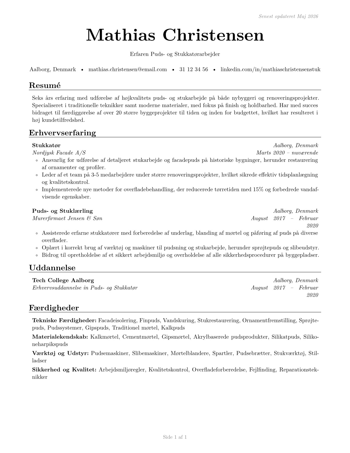 Plasterers and Stucco Masons CV in Danish — page 1