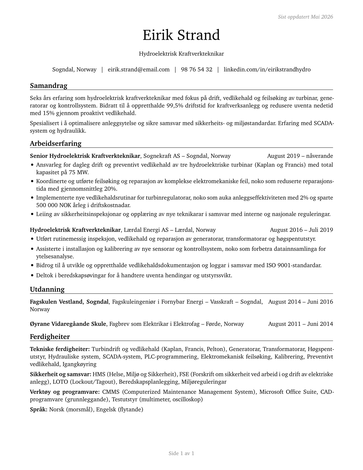 Hydroelectric Plant Technicians CV in Norwegian_nynorsk — page 1