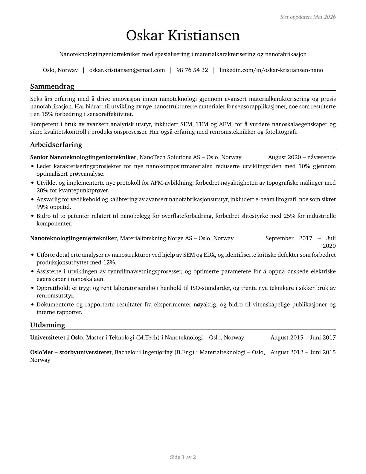 Nanotechnology Engineering Technologists and Technicians CV in Norwegian_bokmal — page 1