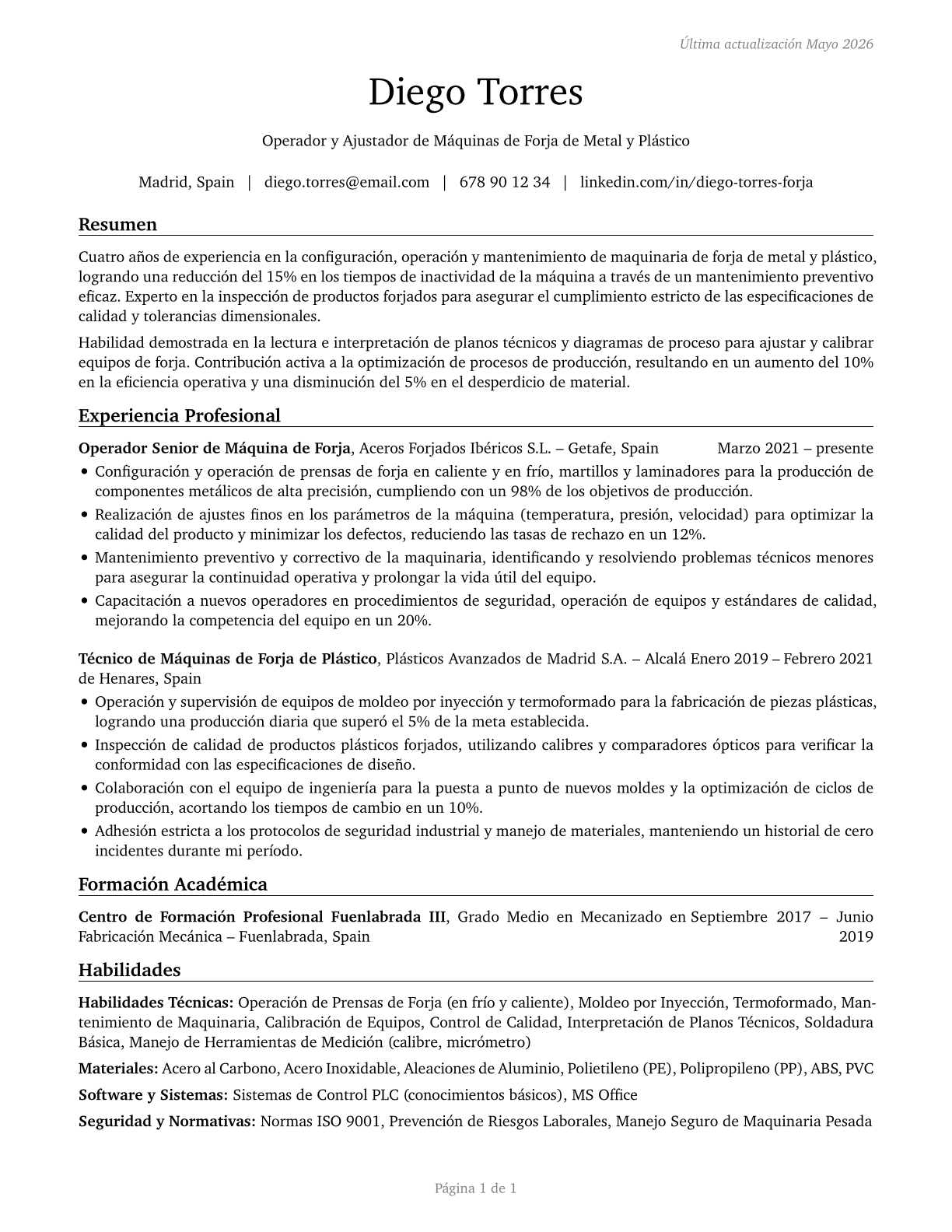 Forging Machine Setters, Operators, and Tenders, Metal and Plastic CV in Spanish — page 1