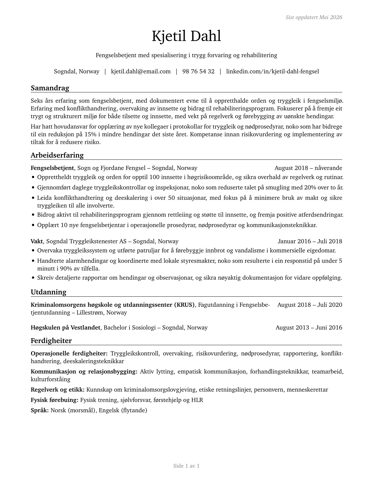 Correctional Officers and Jailers CV in Norwegian_nynorsk — page 1