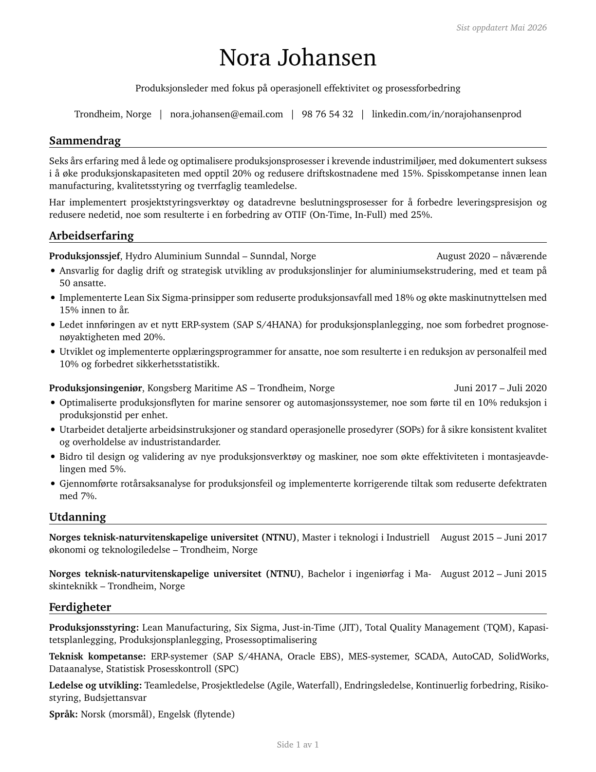 Industrial Production Managers CV in Norwegian_bokmal — page 1