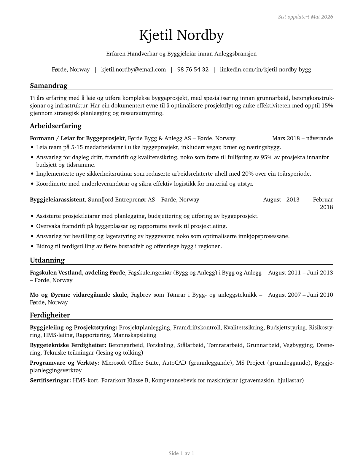 Construction and Related Workers, All Other CV in Norwegian_nynorsk — page 1