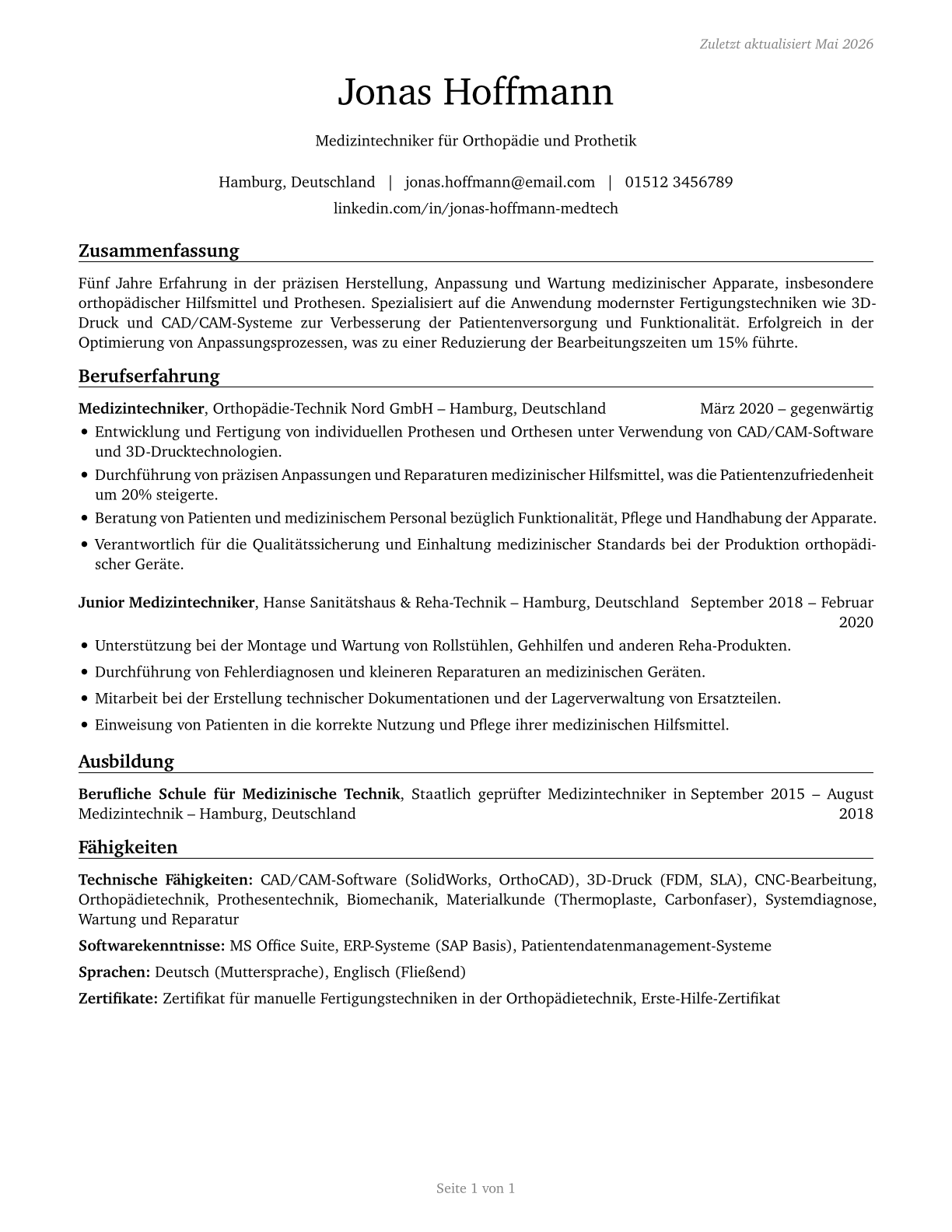 Medical Appliance Technicians CV in German — page 1