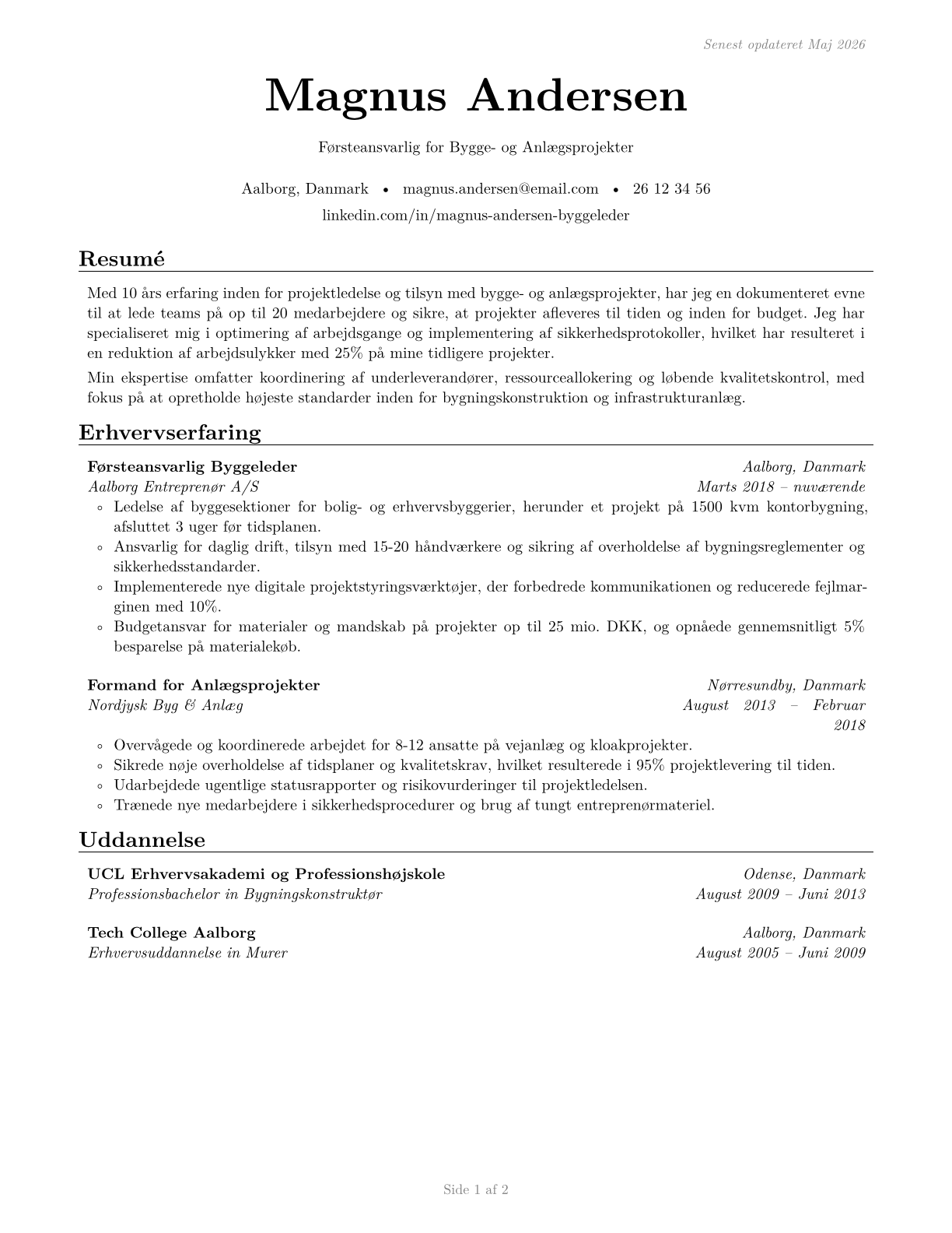 First-Line Supervisors of Construction Trades and Extraction Workers CV in Danish — page 1