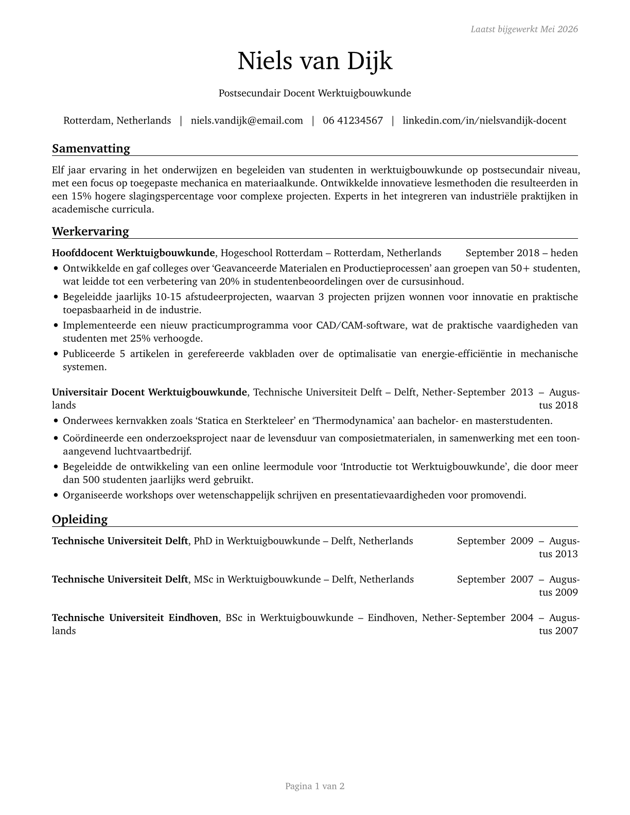 Engineering Teachers, Postsecondary CV in Dutch — page 1