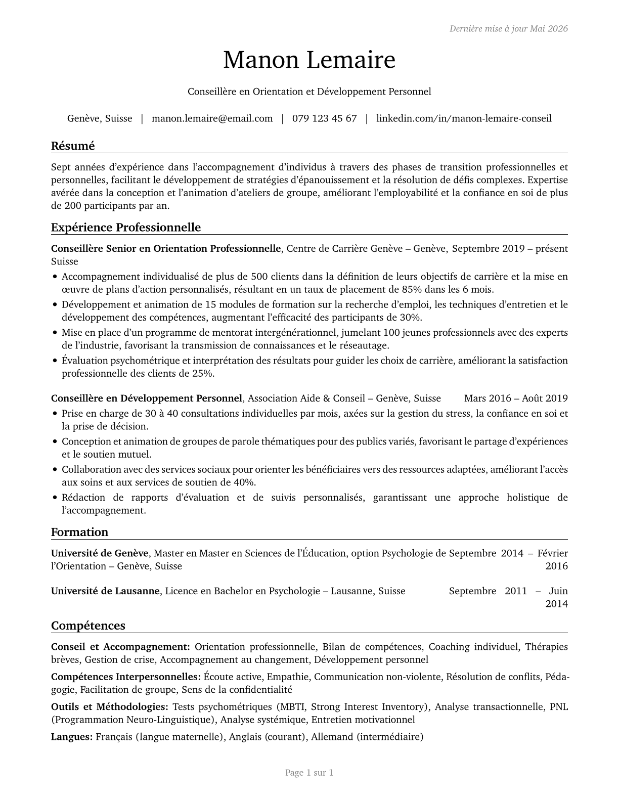 Counselors, All Other CV in French — page 1