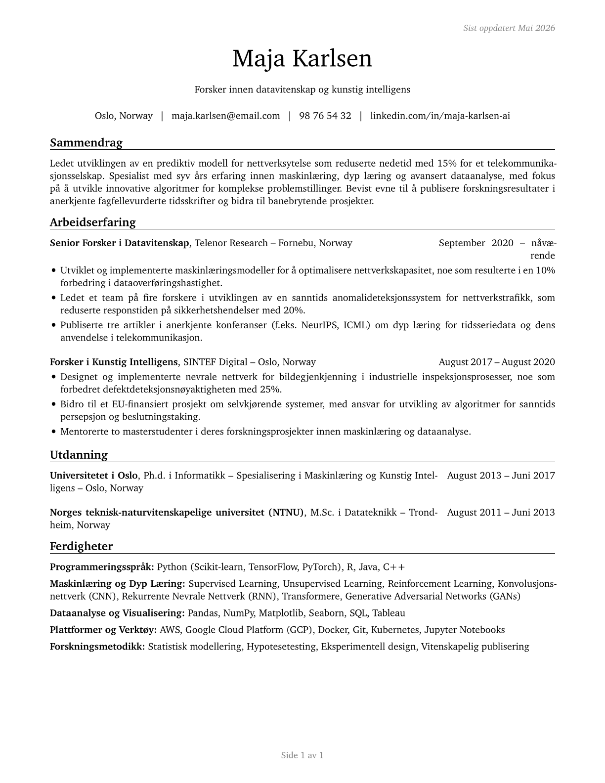 Computer and Information Research Scientists CV in Norwegian_bokmal — page 1
