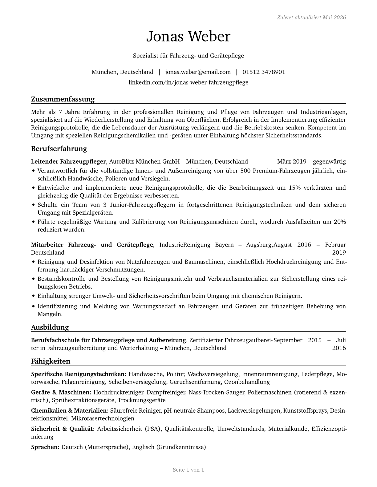 Cleaners of Vehicles and Equipment CV in German — page 1