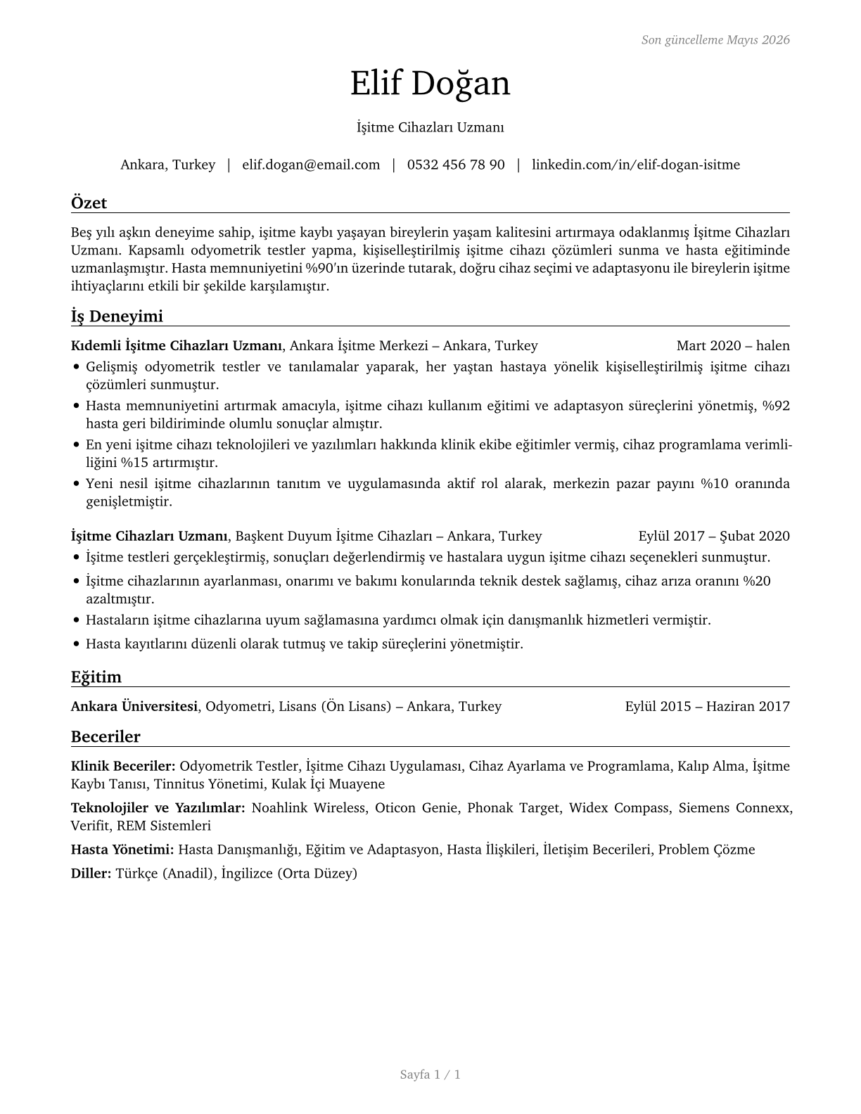 Hearing Aid Specialists CV in Turkish — page 1
