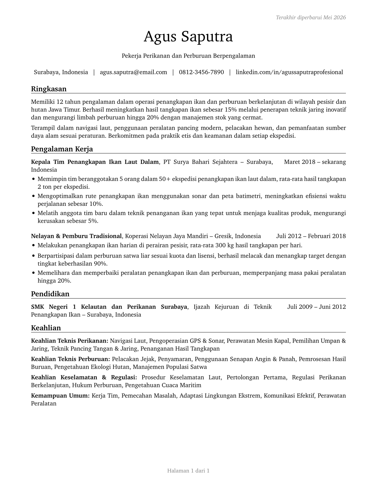 Fishing and Hunting Workers CV in Indonesian — page 1