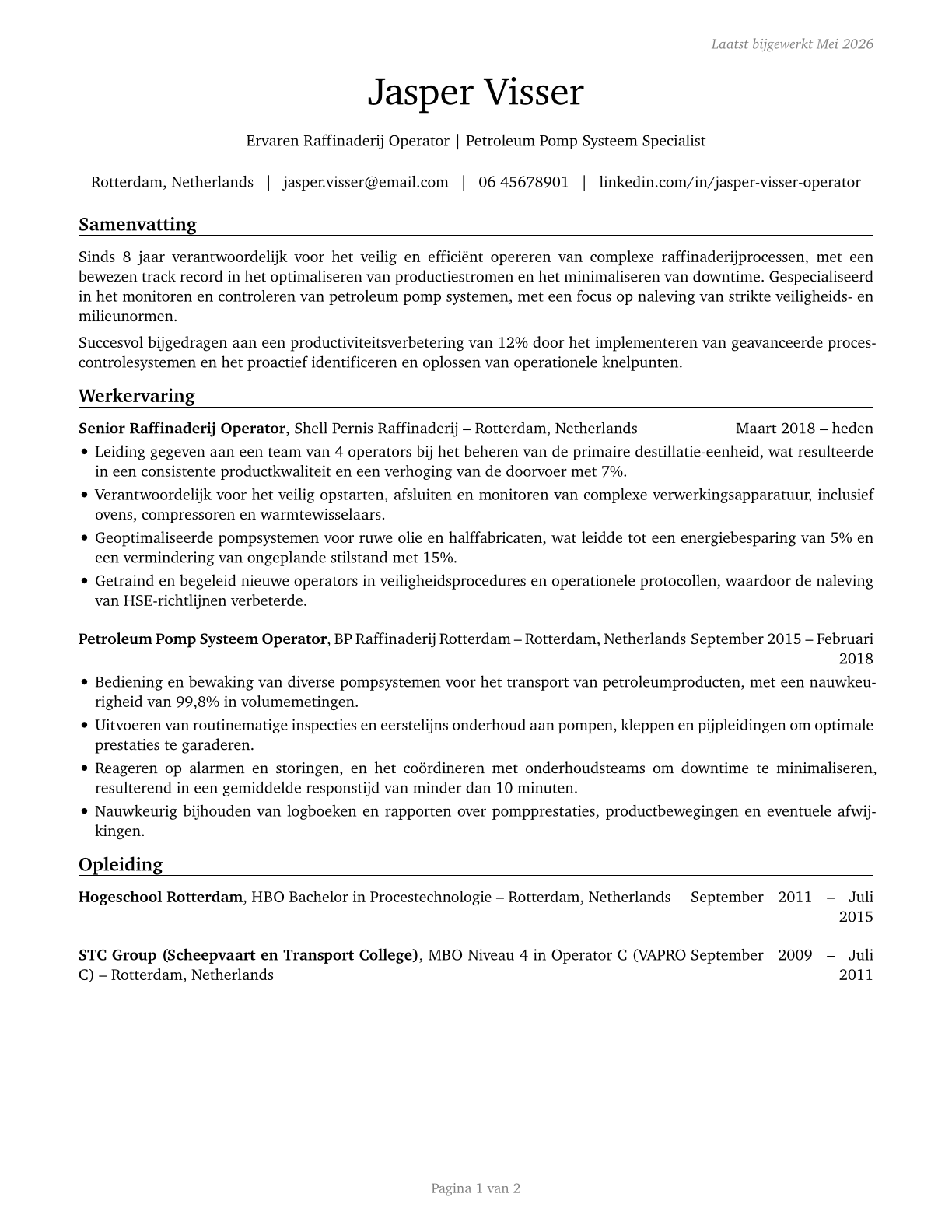 Petroleum Pump System Operators, Refinery Operators, and Gaugers CV in Dutch — page 1