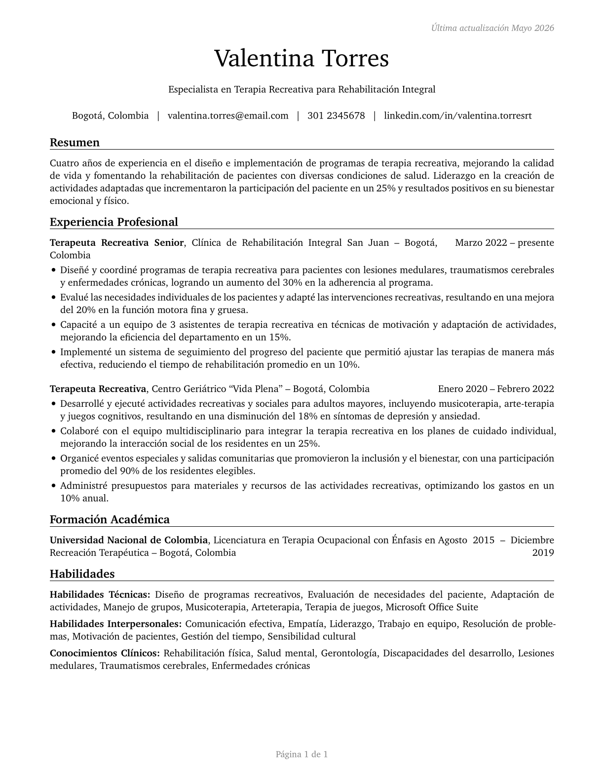 Recreational Therapists CV in Spanish — page 1