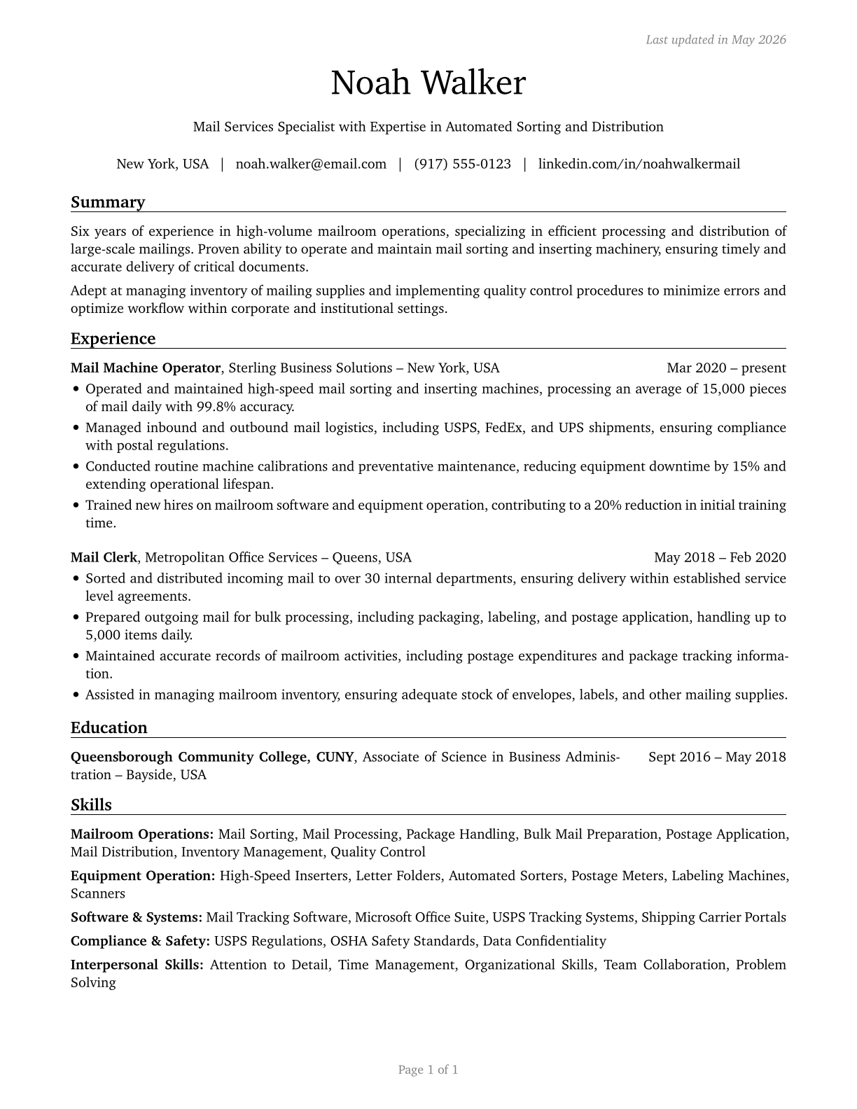 Mail Clerks and Mail Machine Operators, Except Postal Service CV in English — page 1