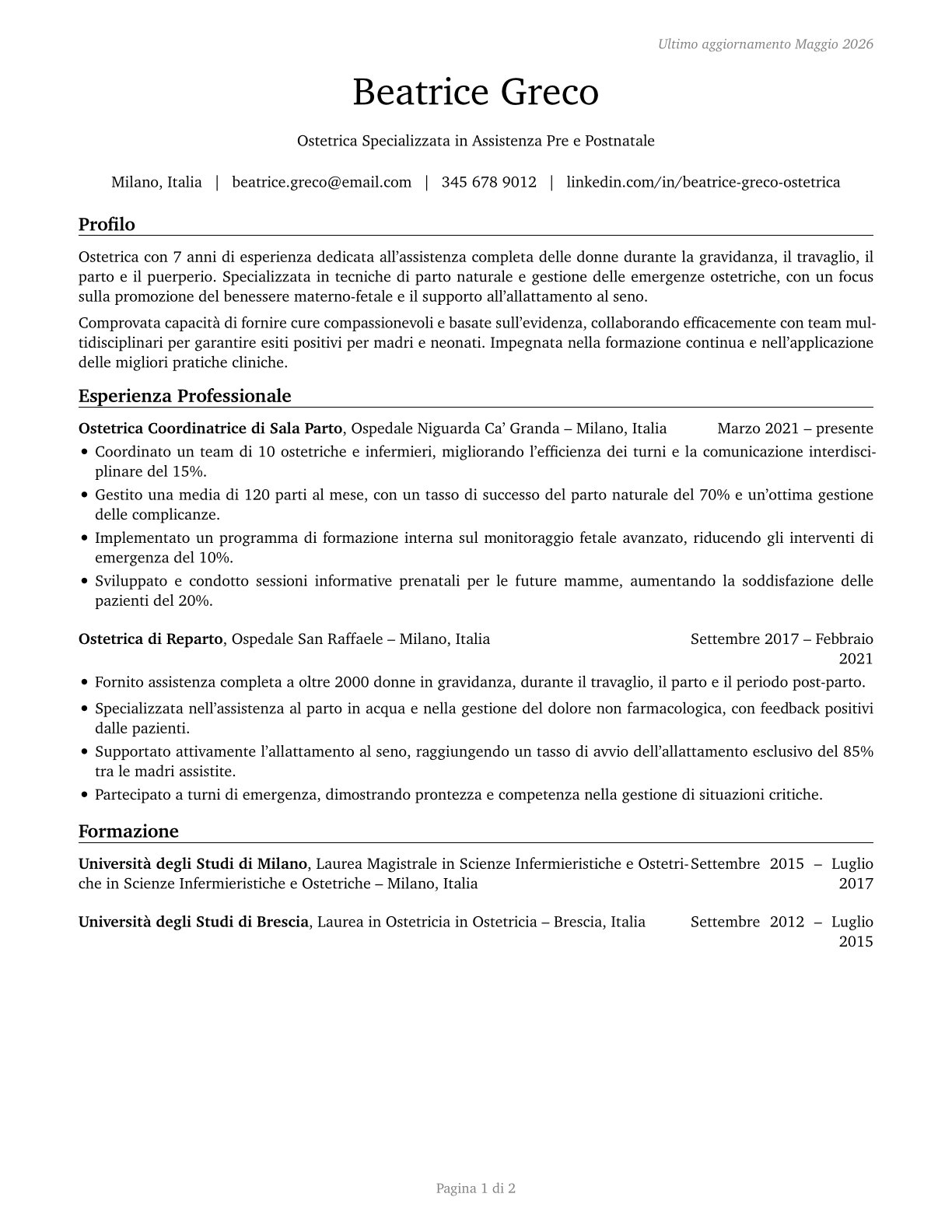 Nurse Midwives CV in Italian — page 1
