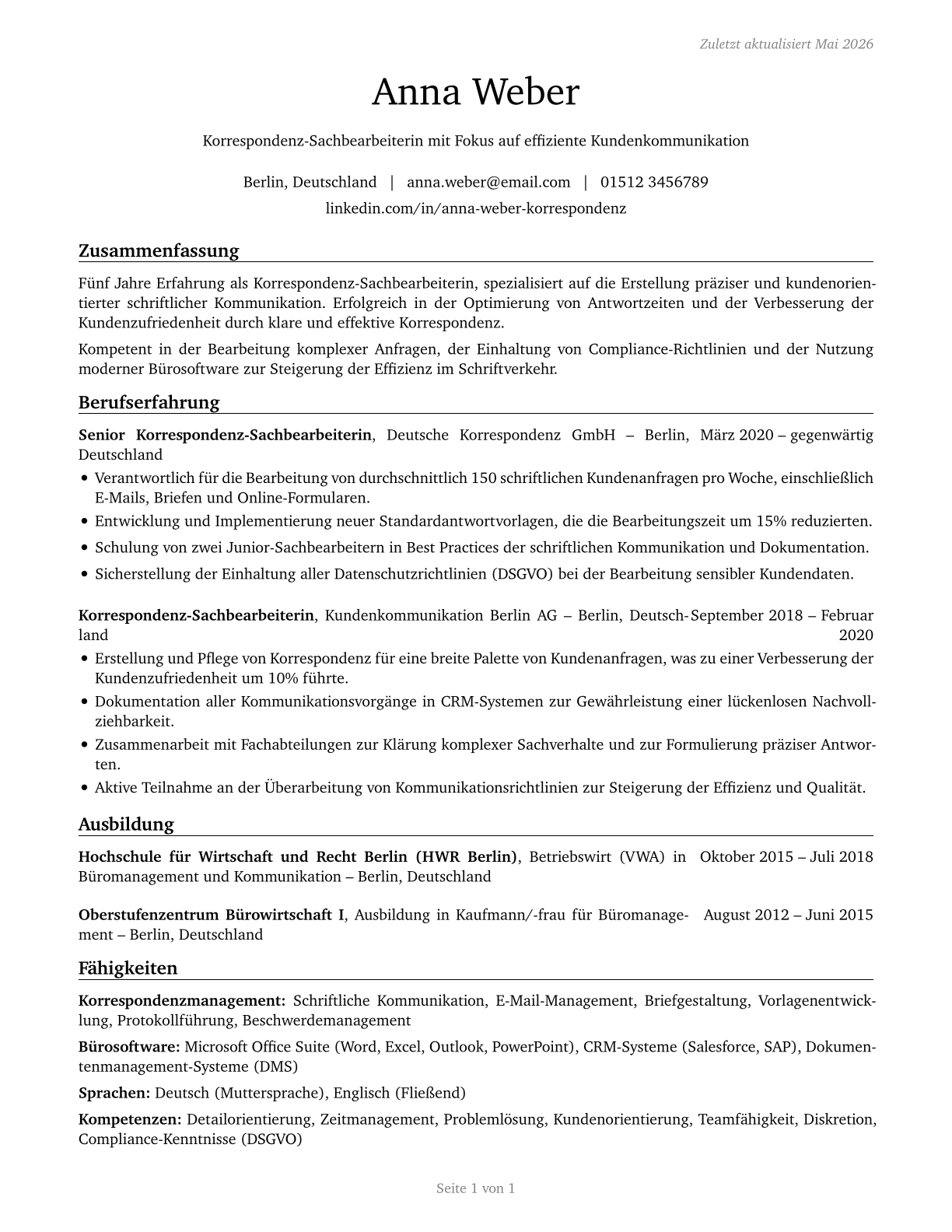 Correspondence Clerks CV in German — page 1