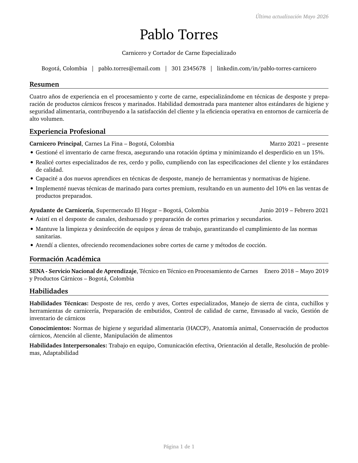 Butchers and Meat Cutters CV in Spanish — page 1