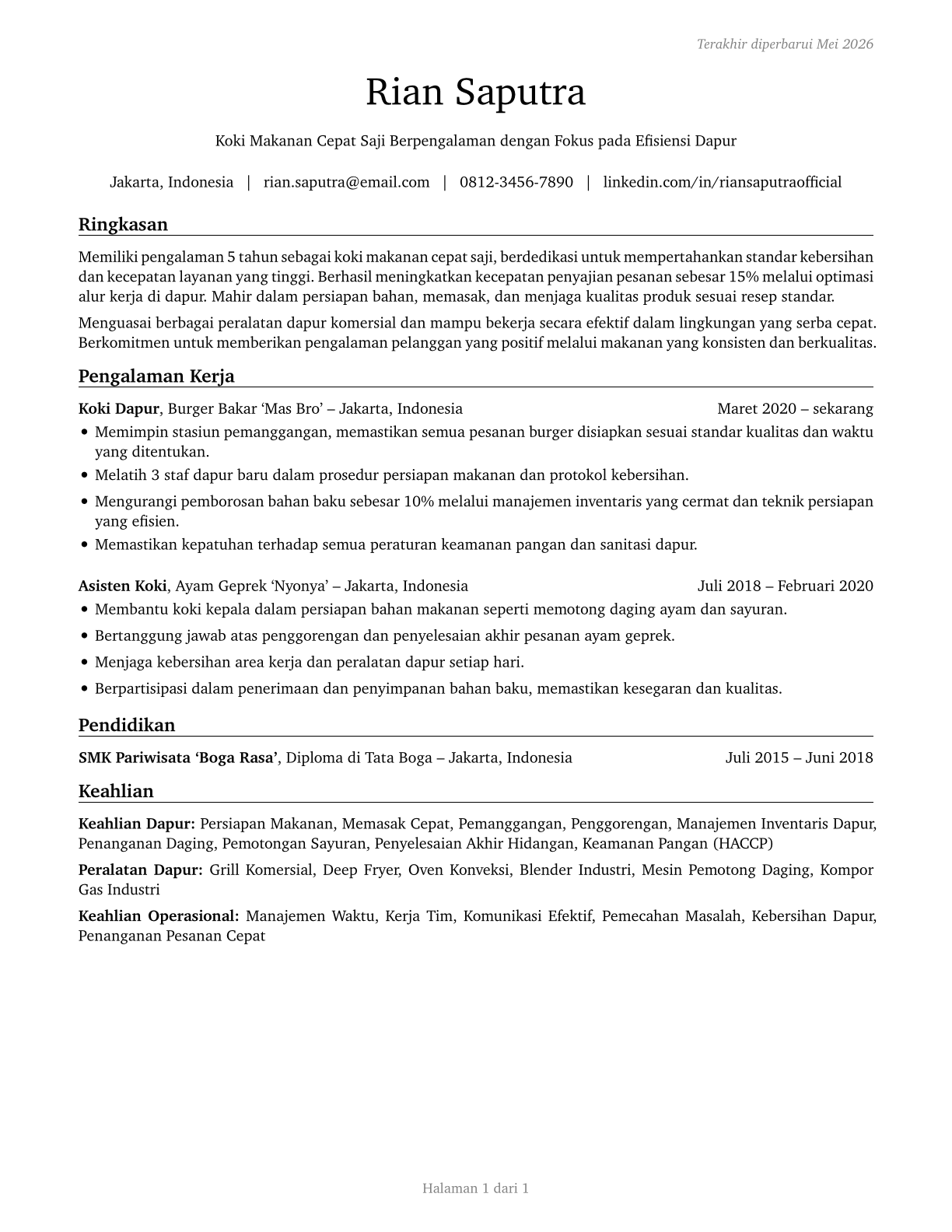 Cooks, Fast Food CV in Indonesian — page 1